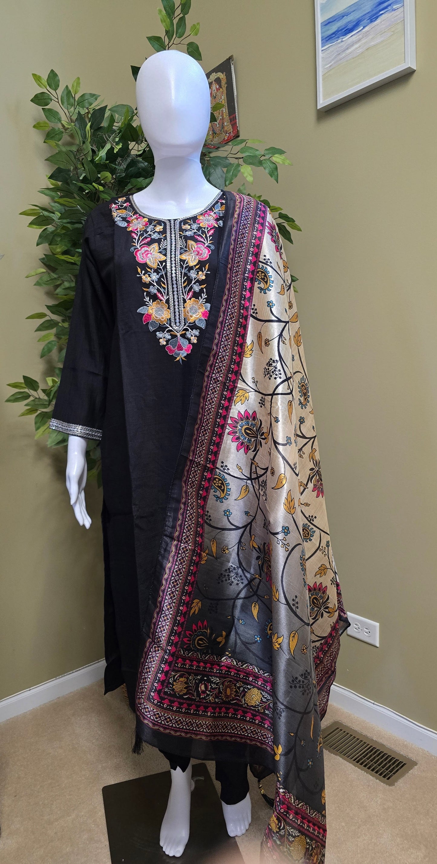 Luxurious Hand - Embroidered Black Salwar Kameez Set with Printed Dupatta - Bhargavi Collections USA