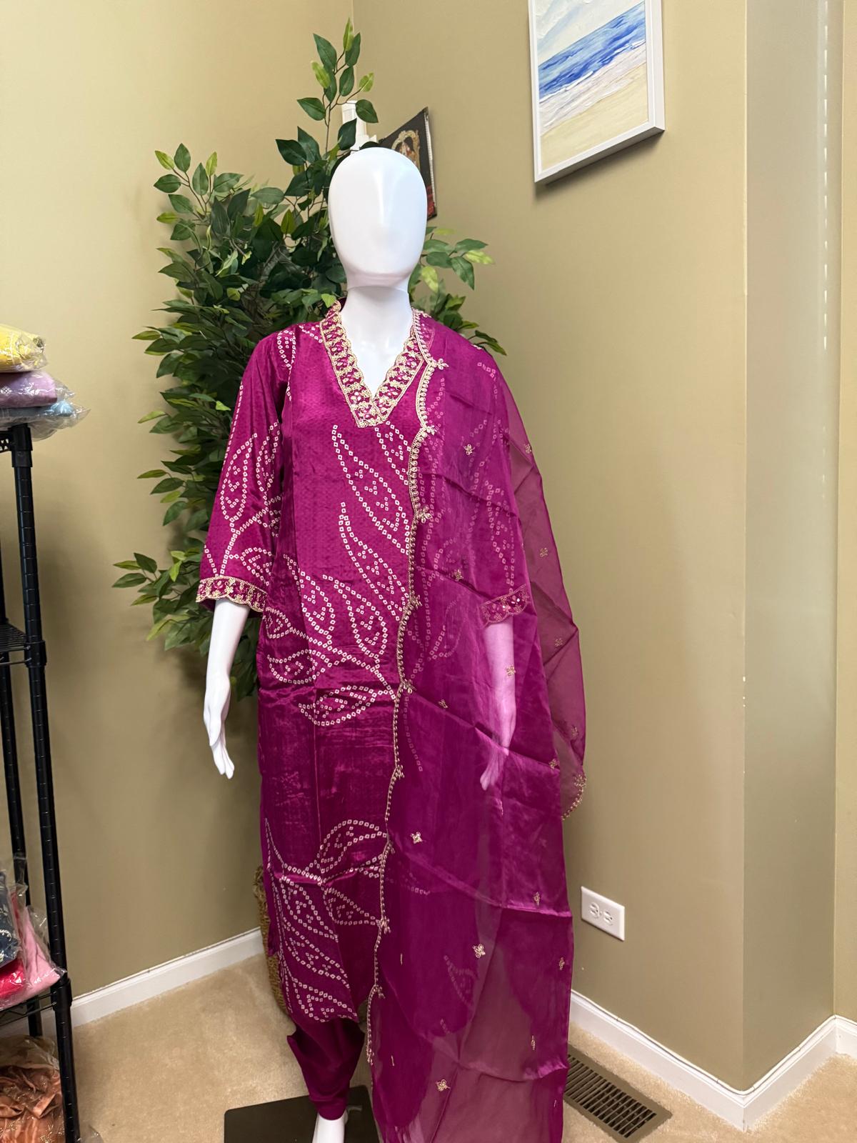 Magenta Embellished Muslin Silk Suit with Matching Dupatta - Bhargavi Collections USA