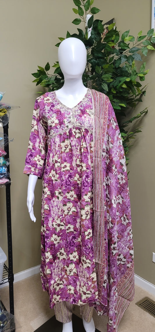 Premium Rayon Cotton Aliacut 3 piece set purple floral - front