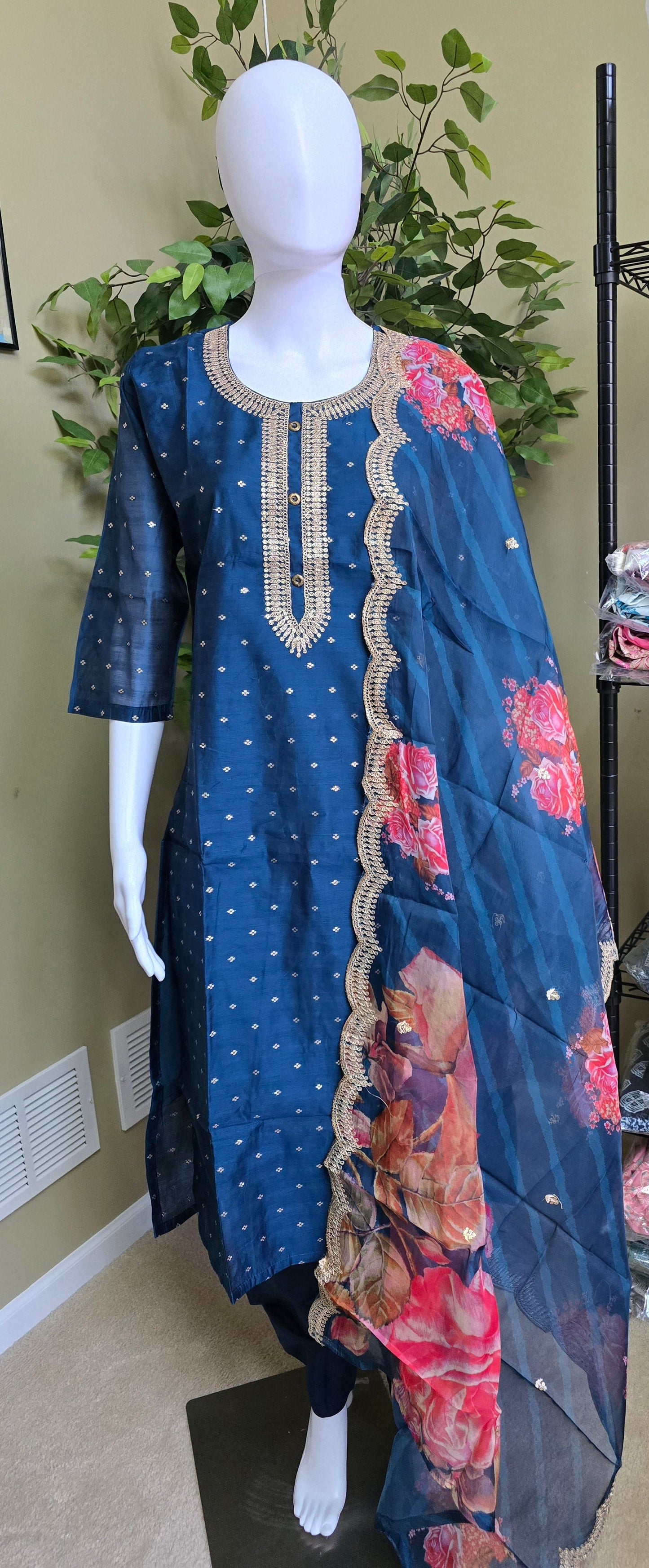 Blue Premium Silk Suit with Floral Digital Print Dupatta - Bhargavi Collections USA