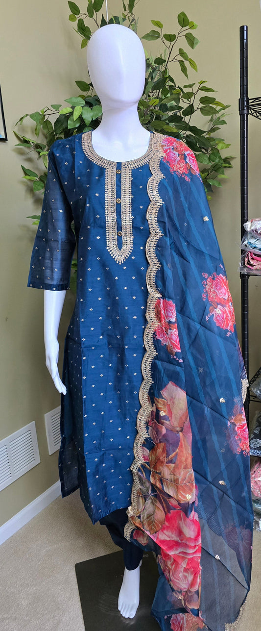 Blue Premium Silk Suit with Floral Digital Print Dupatta - Bhargavi Collections USA