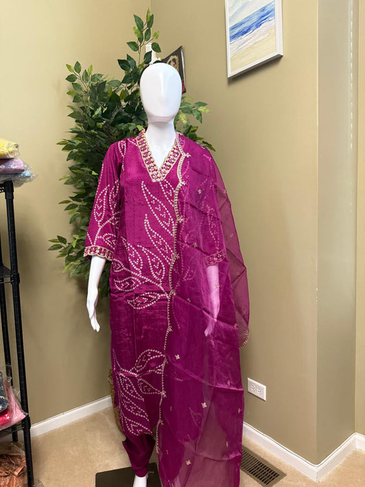 Magenta Embellished Muslin Silk Suit with Matching Dupatta - Bhargavi Collections USA